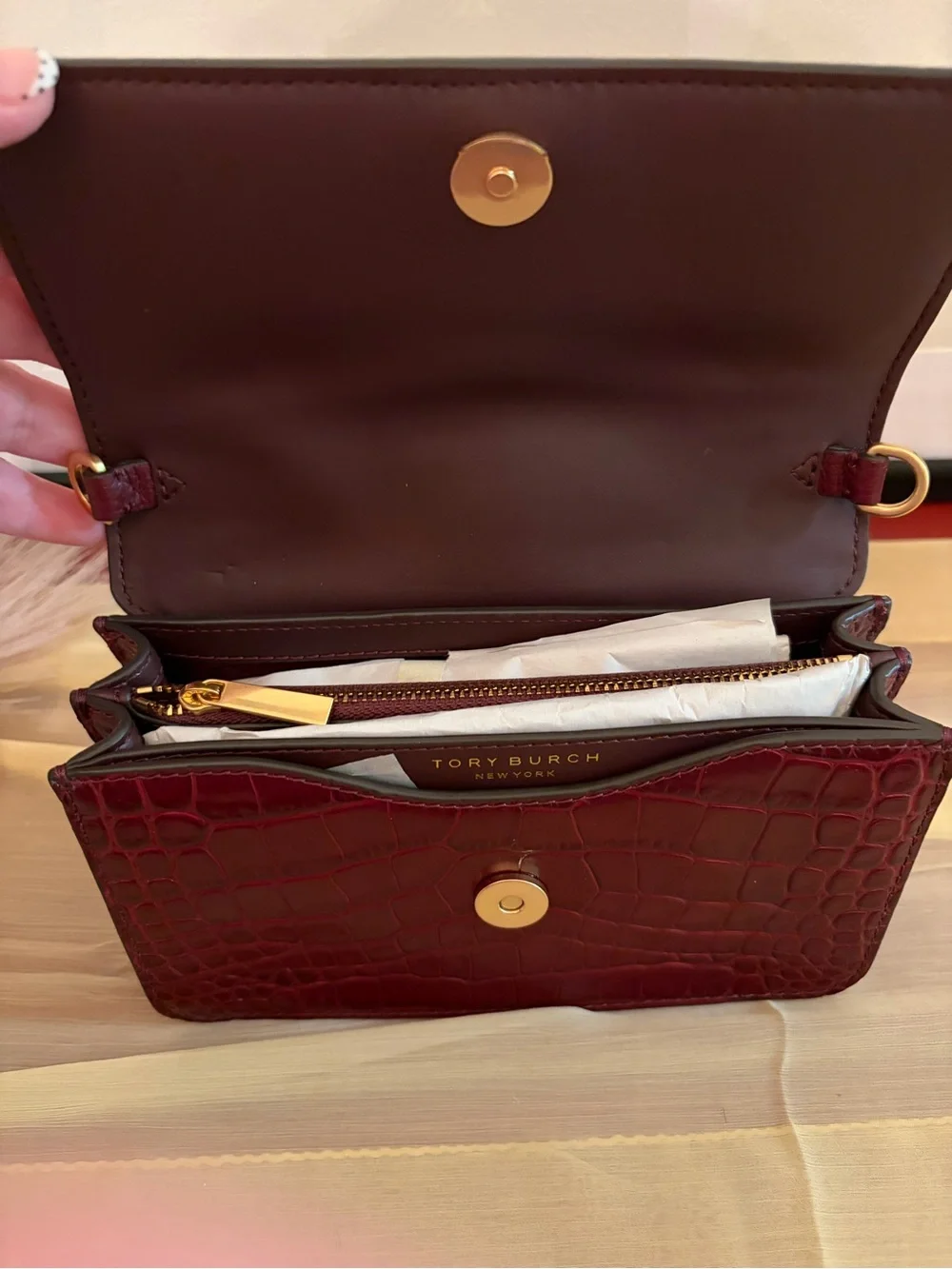 Tory Burch- Claret color, Britten Croc Convertible Crossbody. NWT.